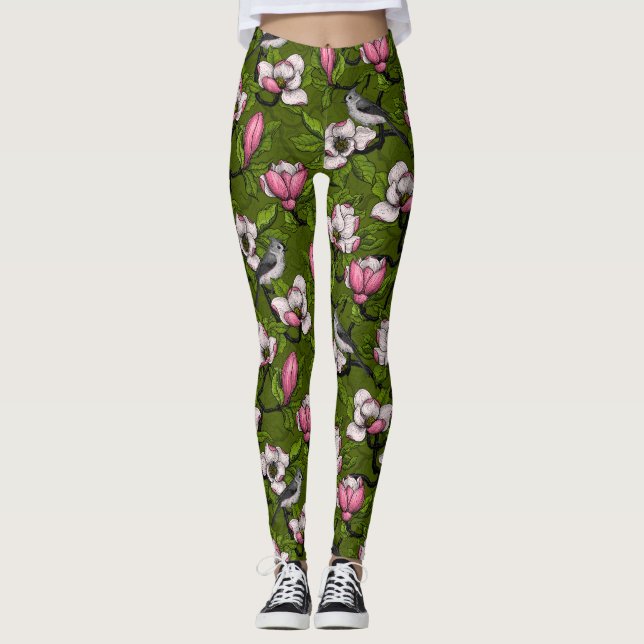 Blooming magnolia and titmouse bird 2 leggings (Front)