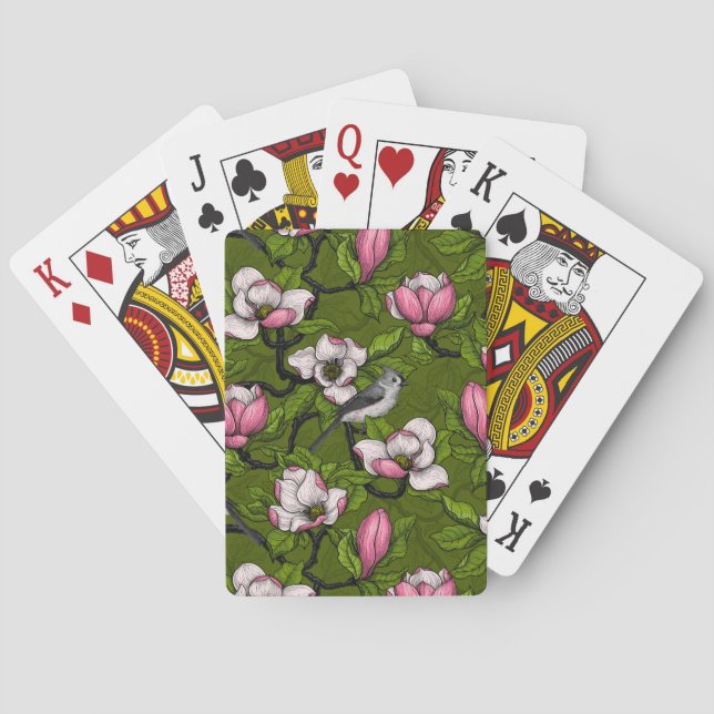 Blooming magnolia and titmouse bird 2 playing cards (Back)
