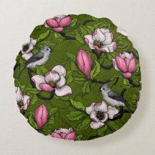 Blooming magnolia and titmouse bird 2 round pillow