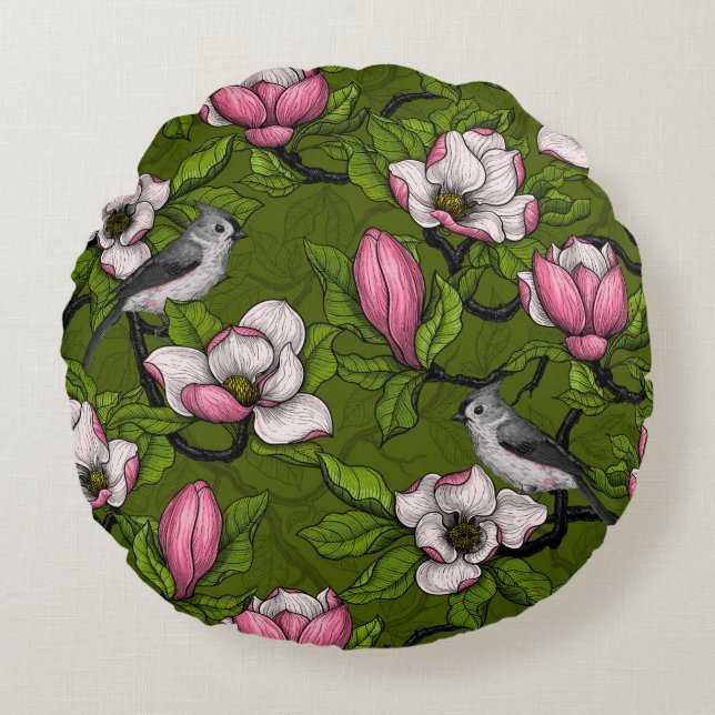 Blooming magnolia and titmouse bird 2 round pillow (Front)