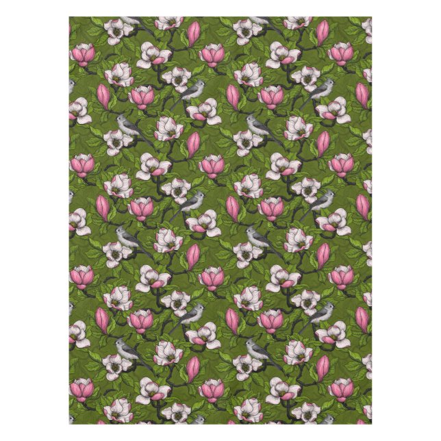 Blooming magnolia and titmouse bird 2 tablecloth (Front)