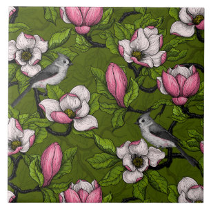 Blooming magnolia and titmouse bird 2 tile