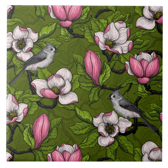 Blooming magnolia and titmouse bird 2 tile (Front)