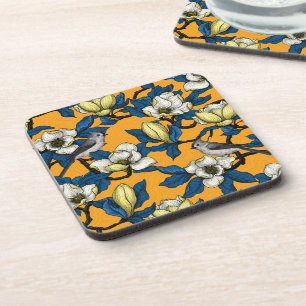 Blooming magnolia and titmouse bird 3 coaster