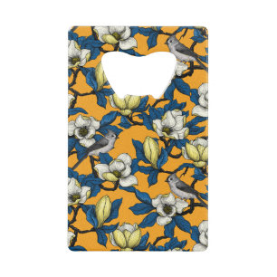 Blooming magnolia and titmouse bird 3 credit card bottle opener