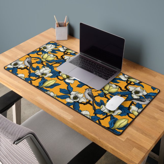Blooming magnolia and titmouse bird 3 desk mat (Office 2)