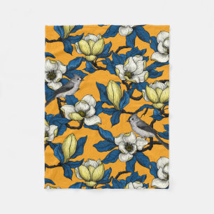 Blooming magnolia and titmouse bird 3 fleece blanket