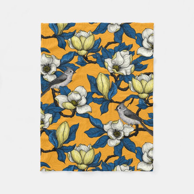 Blooming magnolia and titmouse bird 3 fleece blanket (Front)