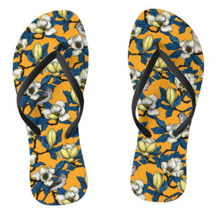 Blooming magnolia and titmouse bird 3 flip flops