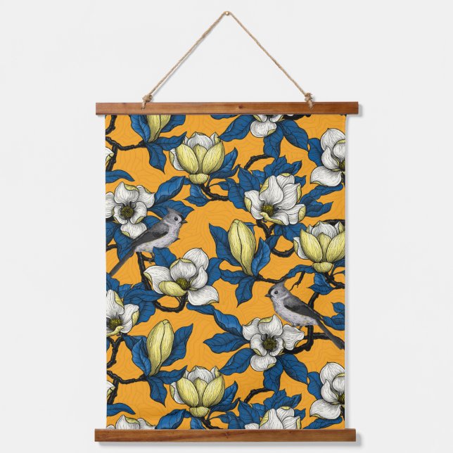 Blooming magnolia and titmouse bird 3 hanging tapestry (Front)