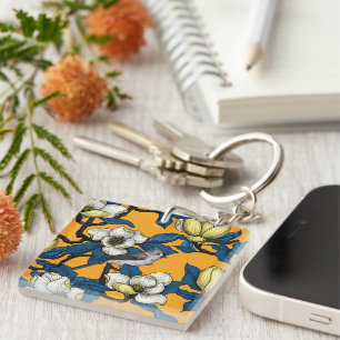 Blooming magnolia and titmouse bird 3 keychain