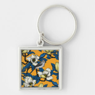 Blooming magnolia and titmouse bird 3 keychain