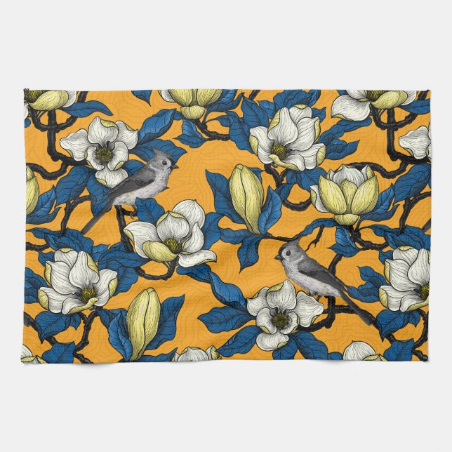 Blooming magnolia and titmouse bird 3 kitchen towel (Horizontal)