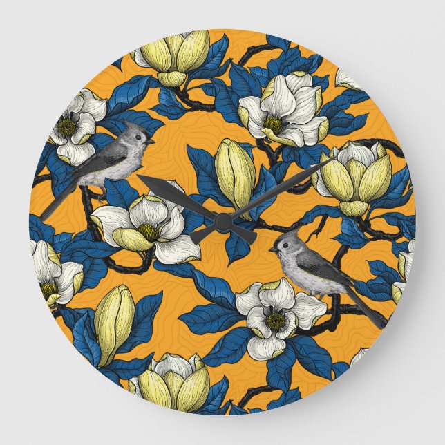 Blooming magnolia and titmouse bird 3 large clock (Front)