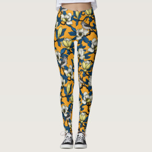 Blooming magnolia and titmouse bird 3 leggings