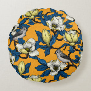 Blooming magnolia and titmouse bird 3 round pillow