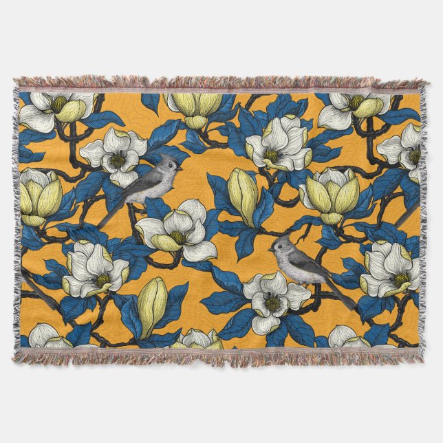 Blooming magnolia and titmouse bird 3 throw blanket (Front)