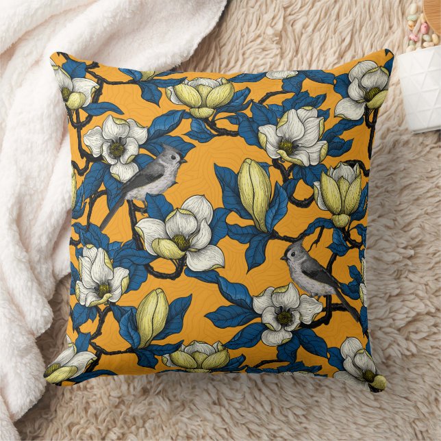 Blooming magnolia and titmouse bird 3 throw pillow (Blanket)