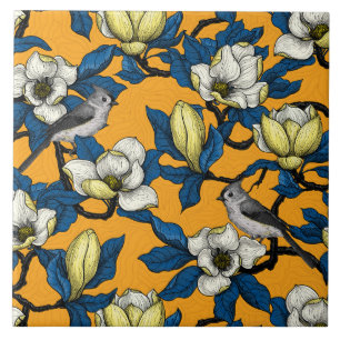 Blooming magnolia and titmouse bird 3 tile