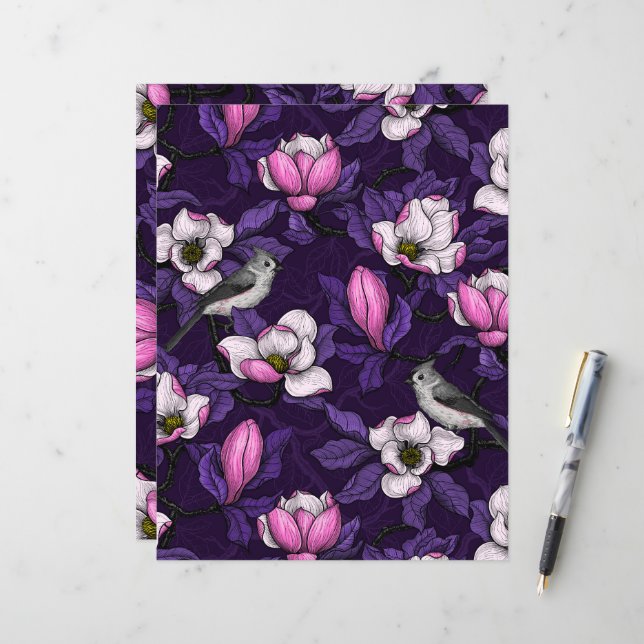 Blooming magnolia and titmouse bird 4 (Front/Back In Situ)