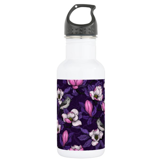 Blooming magnolia and titmouse bird 4 532 ml water bottle (Front)