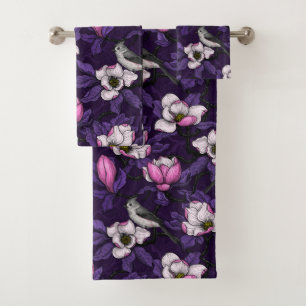 Blooming magnolia and titmouse bird 4 bath towel set