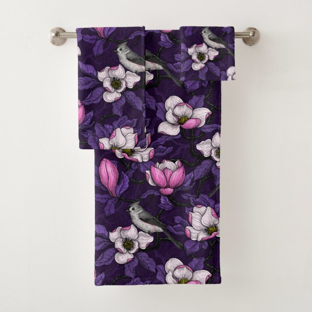 Blooming magnolia and titmouse bird 4 bath towel set (Insitu)