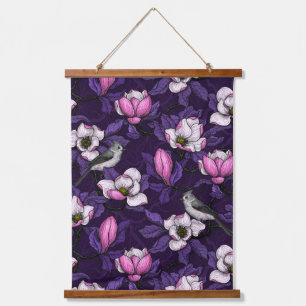 Blooming magnolia and titmouse bird 4 hanging tapestry