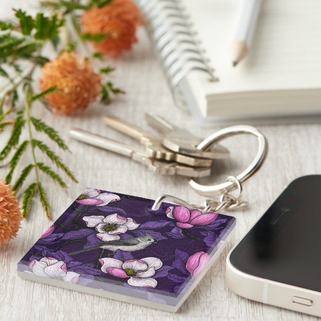 Blooming magnolia and titmouse bird 4 keychain (Front Right)