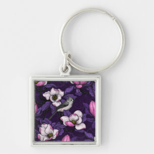 Blooming magnolia and titmouse bird 4 keychain