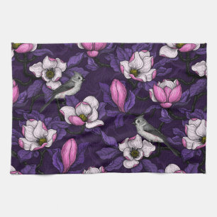 Blooming magnolia and titmouse bird 4 kitchen towel