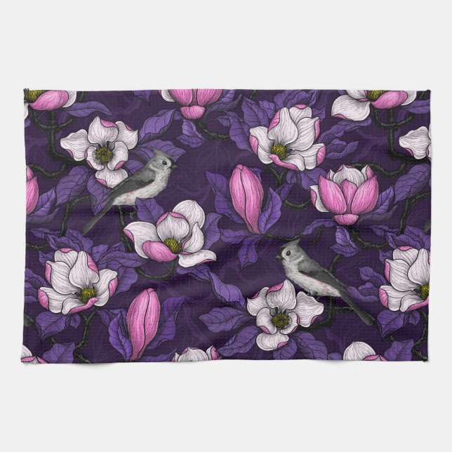 Blooming magnolia and titmouse bird 4 kitchen towel (Horizontal)