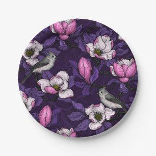 Blooming magnolia and titmouse bird 4 paper plate