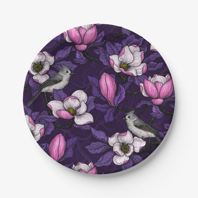 Blooming magnolia and titmouse bird 4 paper plate (Front)