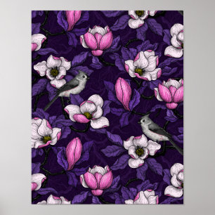 Blooming magnolia and titmouse bird 4 poster