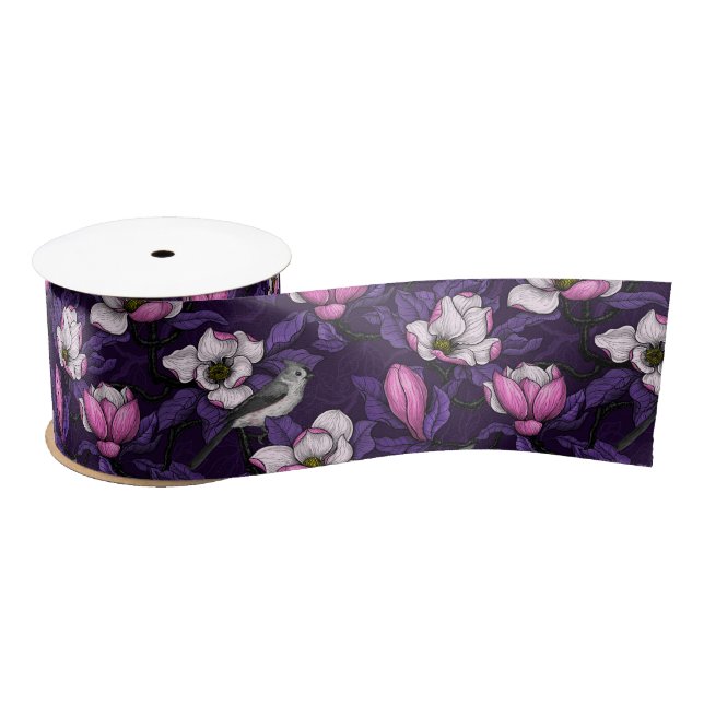 Blooming magnolia and titmouse bird 4 satin ribbon (Spool)