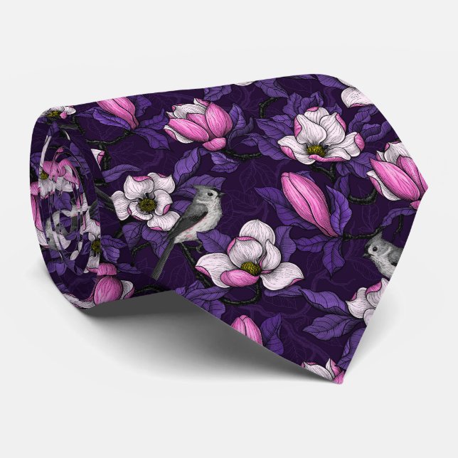 Blooming magnolia and titmouse bird 4 tie (Rolled)