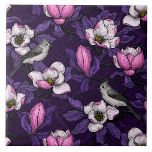 Blooming magnolia and titmouse bird 4 tile