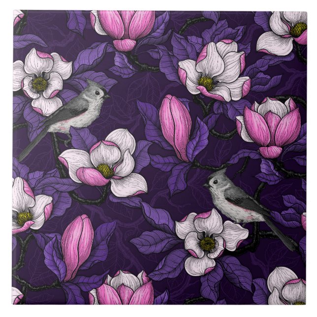 Blooming magnolia and titmouse bird 4 tile (Front)