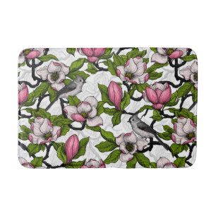 Blooming magnolia and titmouse bird bath mat