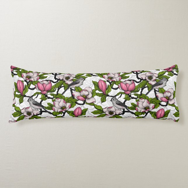 Blooming magnolia and titmouse bird body pillow (Front)