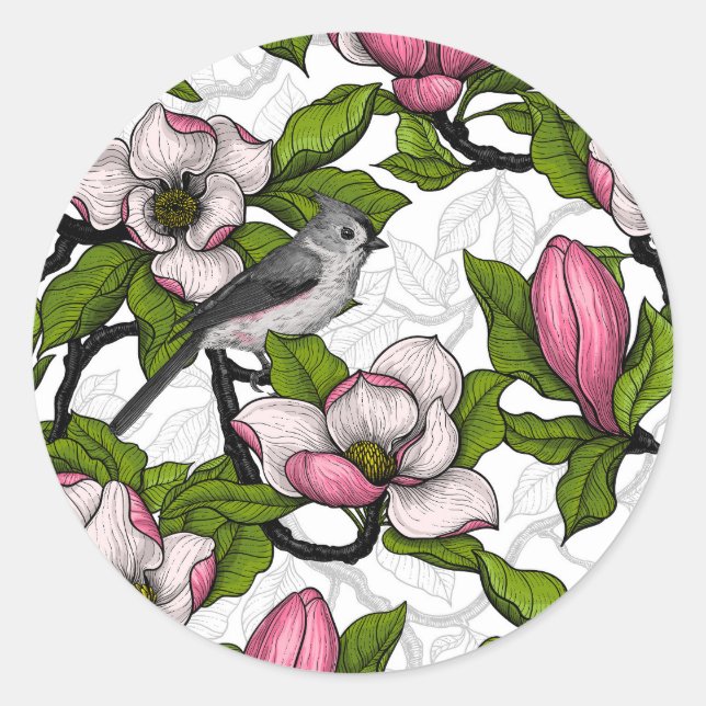 Blooming magnolia and titmouse bird classic round sticker (Front)