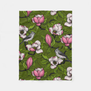 Blooming magnolia and titmouse bird fleece blanket