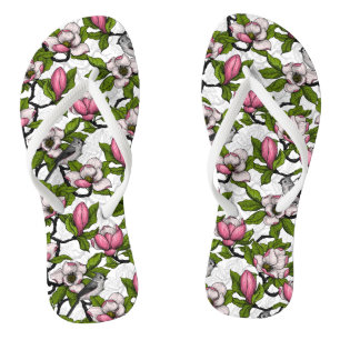 Blooming magnolia and titmouse bird flip flops