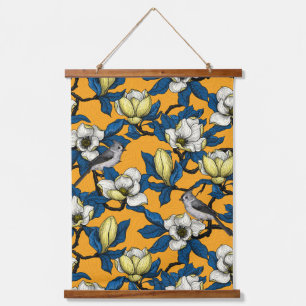 Blooming magnolia and titmouse bird hanging tapest tapestry