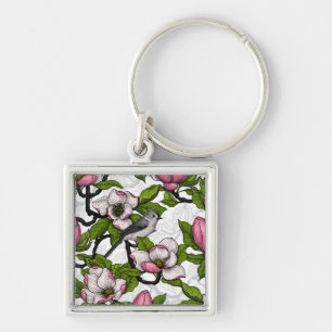 Blooming magnolia and titmouse bird keychain