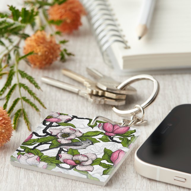 Blooming magnolia and titmouse bird keychain (Front Right)
