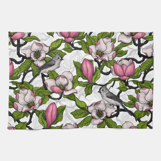Blooming magnolia and titmouse bird kitchen towel (Horizontal)