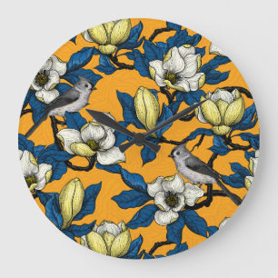 Blooming magnolia and titmouse bird large clock