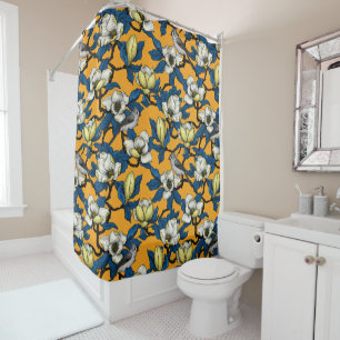 Blooming magnolia and titmouse bird shower curtain